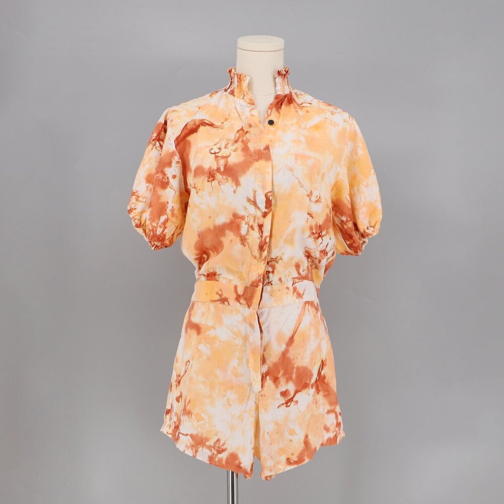 S/W/F Linen Puff Sleeve Tie Dye Romper in Burnt Orange Size S